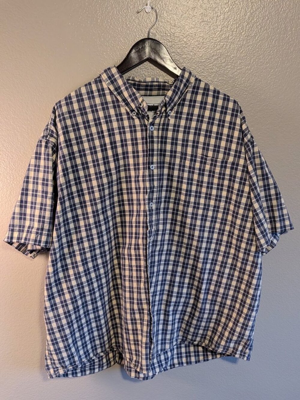 Wrangler Navy Tan Plaid Button Down Shirt Size 3XL Short Sleeve Cotton Retro Y2K